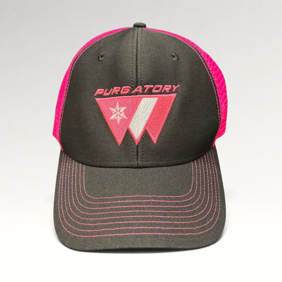 Raree Finds vintage 90s Purgatory Racing snapback hat in black cotton with neon pink mesh and embroidered ski logo.