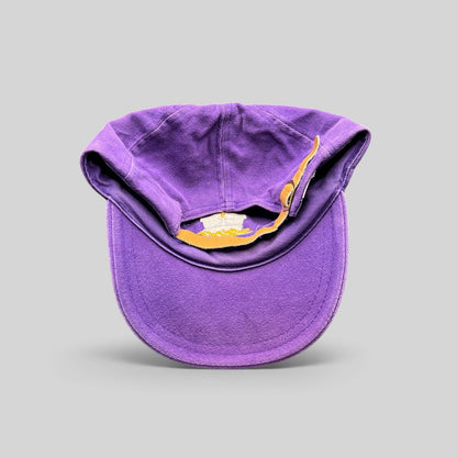 Raree Finds vintage purple cotton strapback hat with adjustable leather strap and brass buckle, interior view