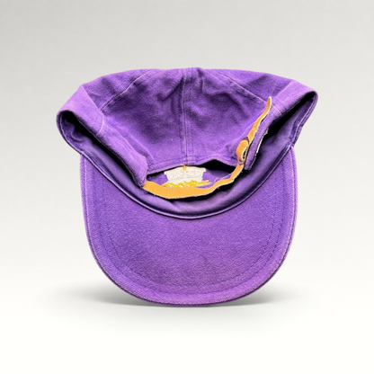 Raree Finds vintage purple cotton strapback hat with adjustable leather strap and brass buckle, interior view