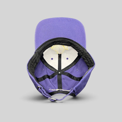 Raree Finds vintage purple Marshmallow Peeps strapback cap showing interior lining and adjustable metal buckle