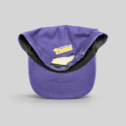 Raree Finds purple Marshmallow Peeps strapback cap showing interior brim embroidery and adjustable metal buckle