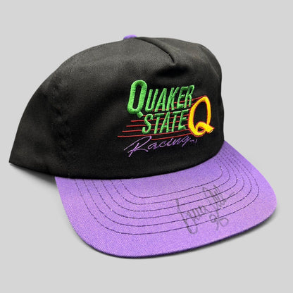 Raree Finds vintage 90s Quaker State Racing snapback hat with black crown, purple brim, and signed embroidery