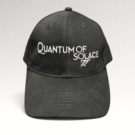 Raree Finds black Quantum of Solace strapback hat with white 007 gun logo embroidery and curved bill