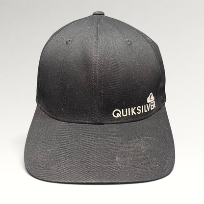 Raree Finds black Quiksilver Flexfit cap with white embroidered mountain and wave logo on a structured crown