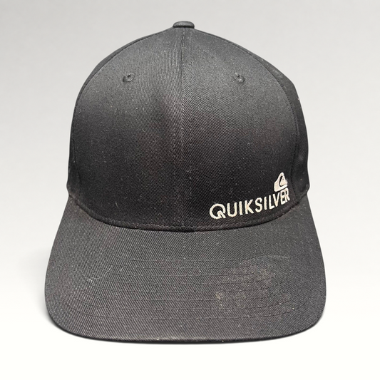 Raree Finds black Quiksilver Flexfit cap with white embroidered mountain and wave logo on a structured crown
