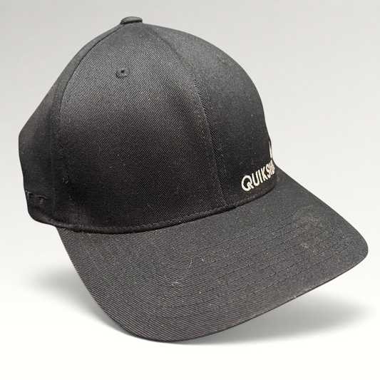 Raree Finds black Quiksilver Flexfit cap with white embroidered logo and structured curved bill for surf and skate wear.