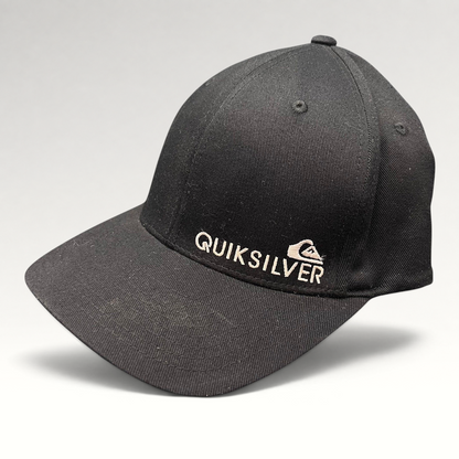 Raree Finds black Quiksilver Flexfit cap with white embroidered mountain and wave logo on a structured curved bill