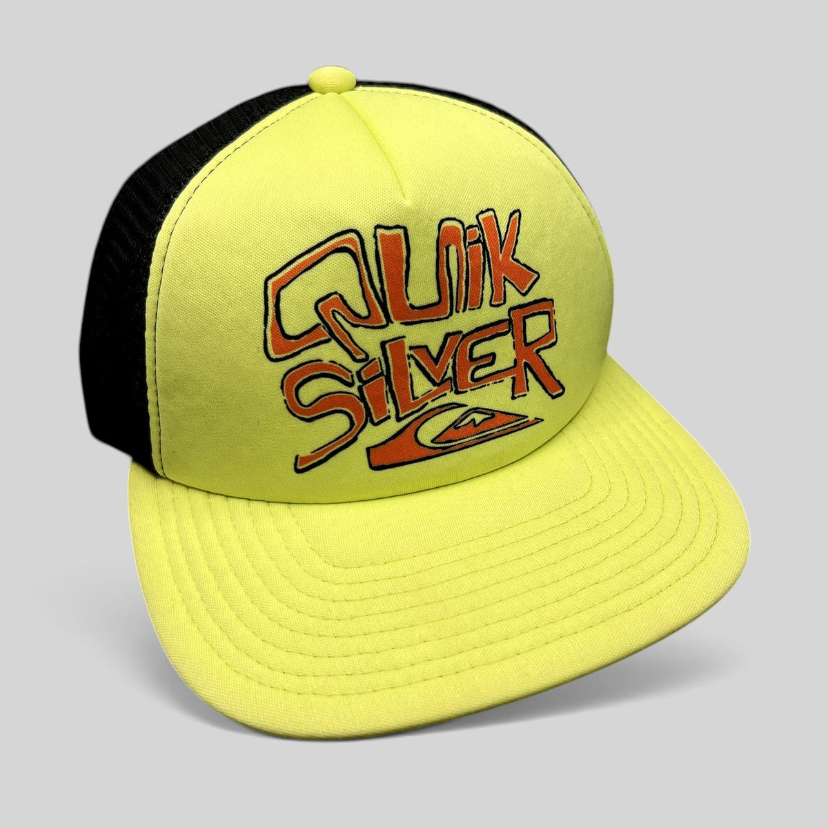Raree Finds Quiksilver neon yellow and black trucker hat with embroidered logo graphic and breathable mesh back