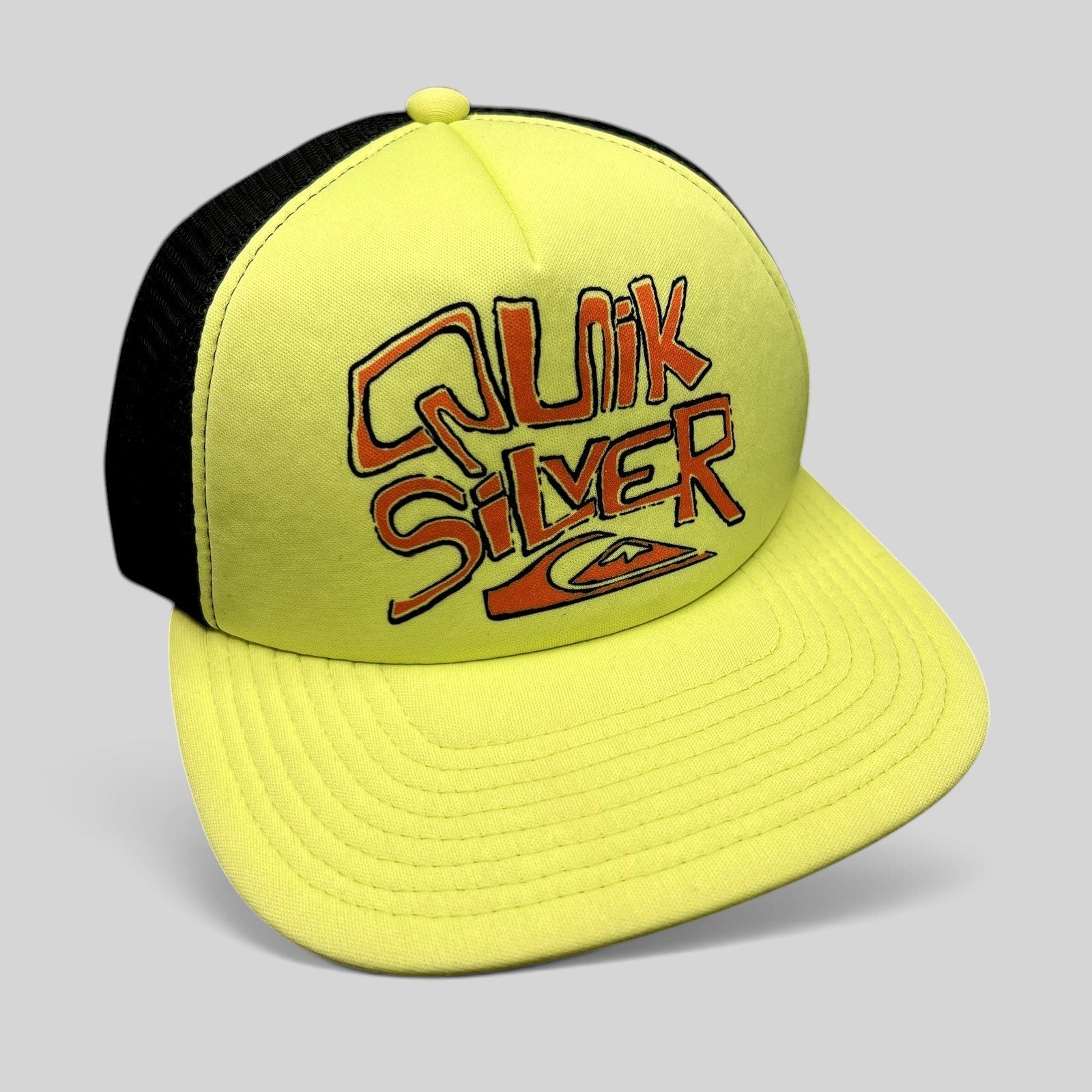 Raree Finds Quiksilver neon yellow and black trucker hat with embroidered logo graphic and breathable mesh back