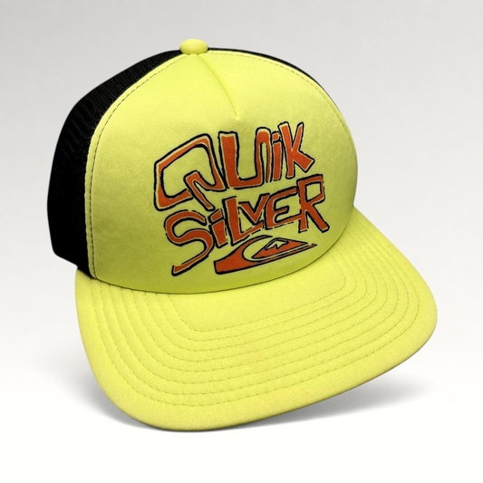 Raree Finds Quiksilver neon yellow and black trucker hat with embroidered logo graphic and breathable mesh back