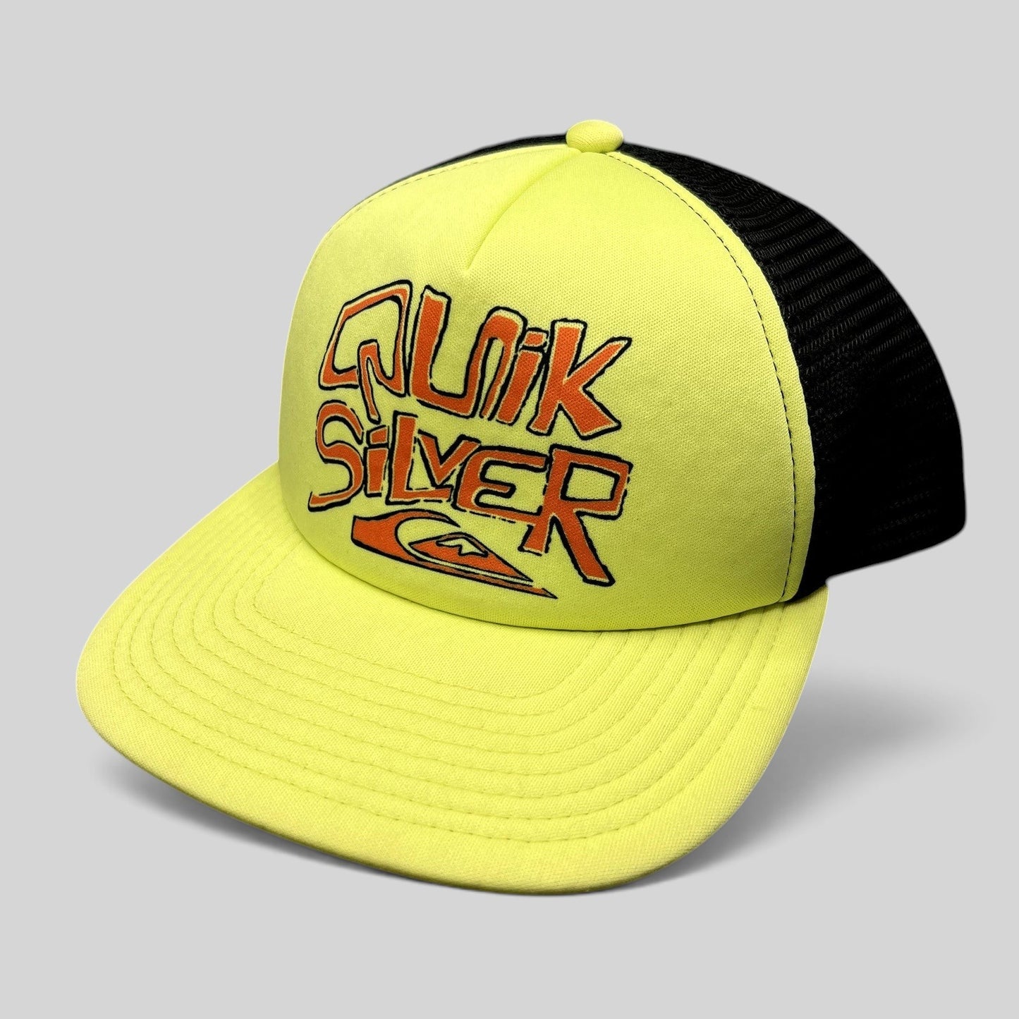 Raree Finds neon yellow and black Quiksilver trucker hat with embroidered logo, foam front, and mesh back panels.