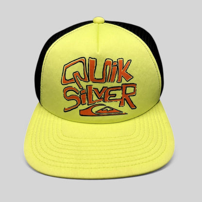 Raree Finds Quiksilver neon yellow and black trucker hat with embroidered logo, foam front, and mesh back panels.