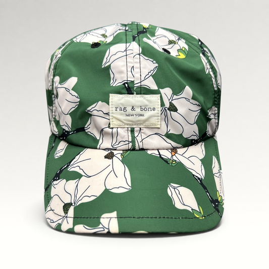 Raree Finds Rag & Bone New York green magnolia floral print strapback cap with a curved brim and logo patch