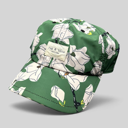 Raree Finds Rag & Bone New York green magnolia floral print strapback cap with a curved brim and brand patch.
