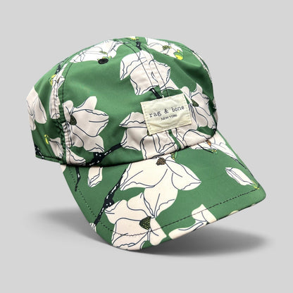 Raree Finds Rag & Bone New York green magnolia floral print strapback cap with a curved brim and brand patch.