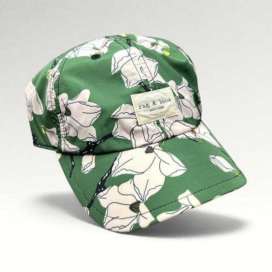 Raree Finds Rag & Bone New York green magnolia floral print strapback cap with a curved brim and brand patch.