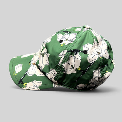 Raree Finds Rag & Bone New York green magnolia floral print strapback cap with a curved brim and unstructured fit.