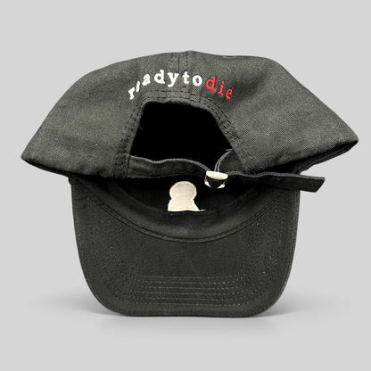 Raree Finds black strapback hat featuring Ready To Die embroidered text in white and red on the back with metal slide