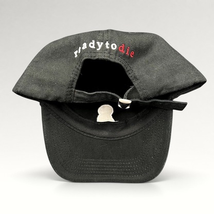 Raree Finds black strapback hat featuring Ready To Die embroidered text in white and red on the back with metal slide