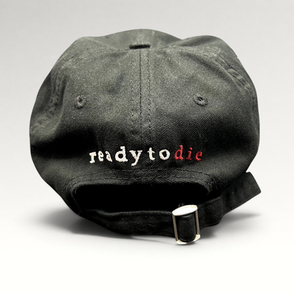 Raree Finds black strapback hat featuring Ready To Die embroidered in white and red on the back with metal closure.