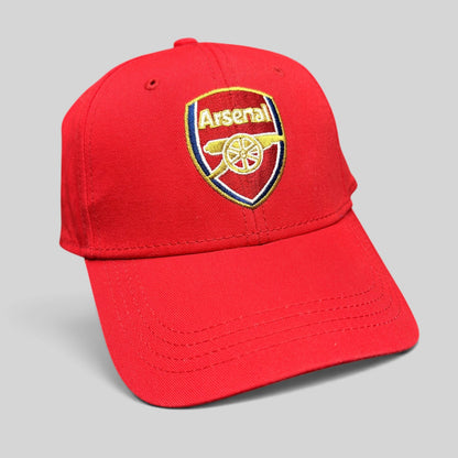 Raree Finds red Arsenal FC strapback hat with an embroidered cannon crest logo on the front and a curved brim.