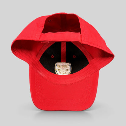Raree Finds red Arsenal FC strapback hat with curved brim and embroidered cannon crest logo on the interior lining.