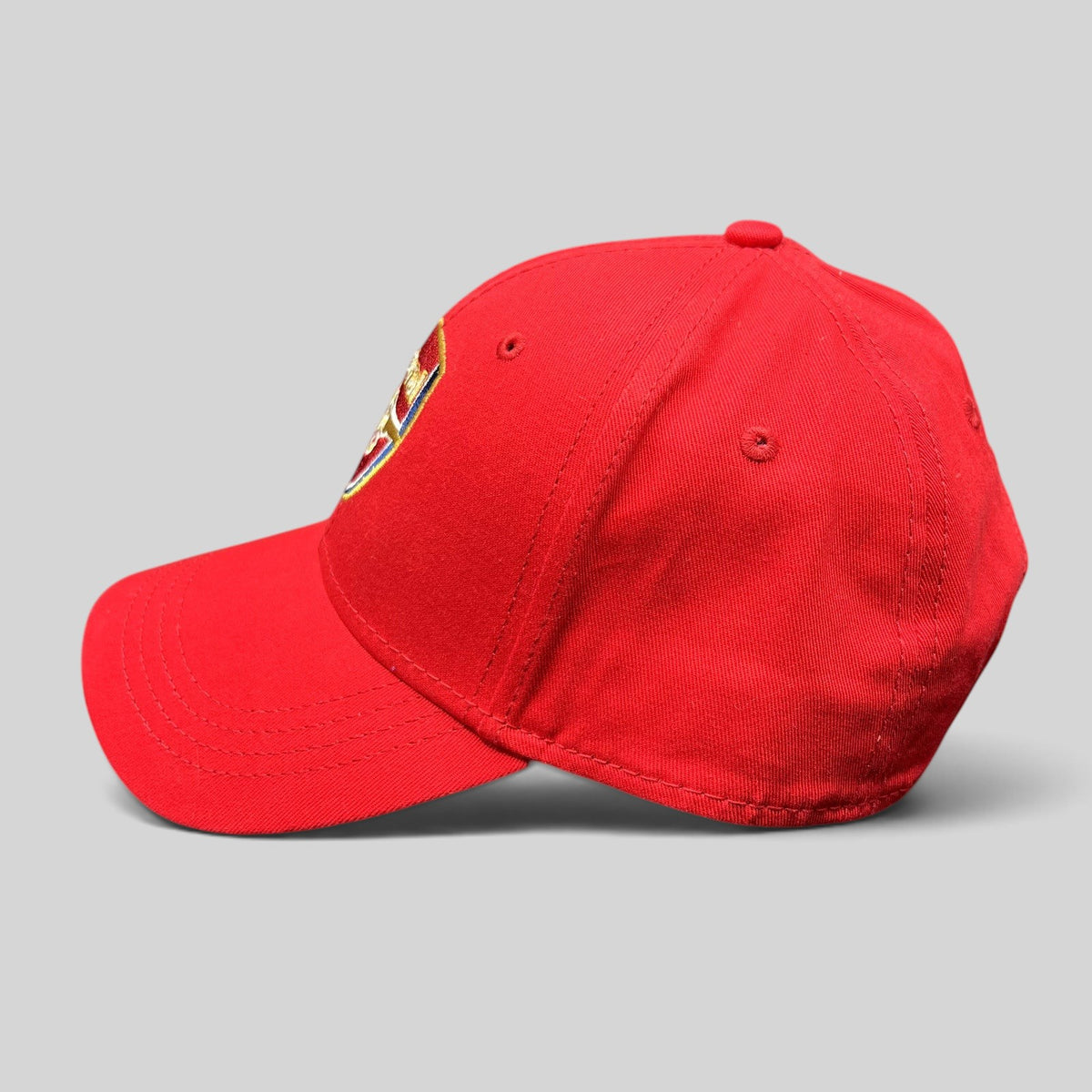 Raree Finds red Arsenal FC strapback hat with embroidered cannon crest logo and curved brim