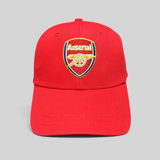 Raree Finds red Arsenal FC strapback hat with front embroidered cannon crest logo and curved brim