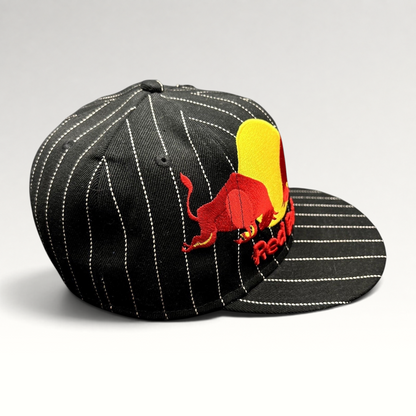 Raree Finds black wool-blend New Era 59FIFTY fitted hat with white pinstripes and embroidered Red Bull logo
