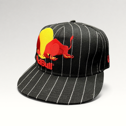 Raree Finds New Era 59FIFTY black fitted hat with white pinstripes and embroidered Red Bull logo on the front.