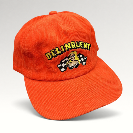 Raree Finds red corduroy snapback hat by Delinquent Bros featuring embroidered pinup girl and checkered racing flags