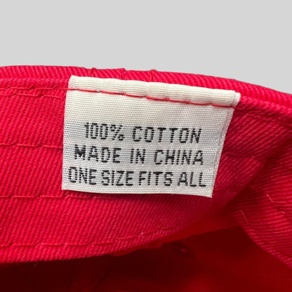 Raree Finds vintage red cotton hat interior care label showing 100 percent cotton and one size fits all text