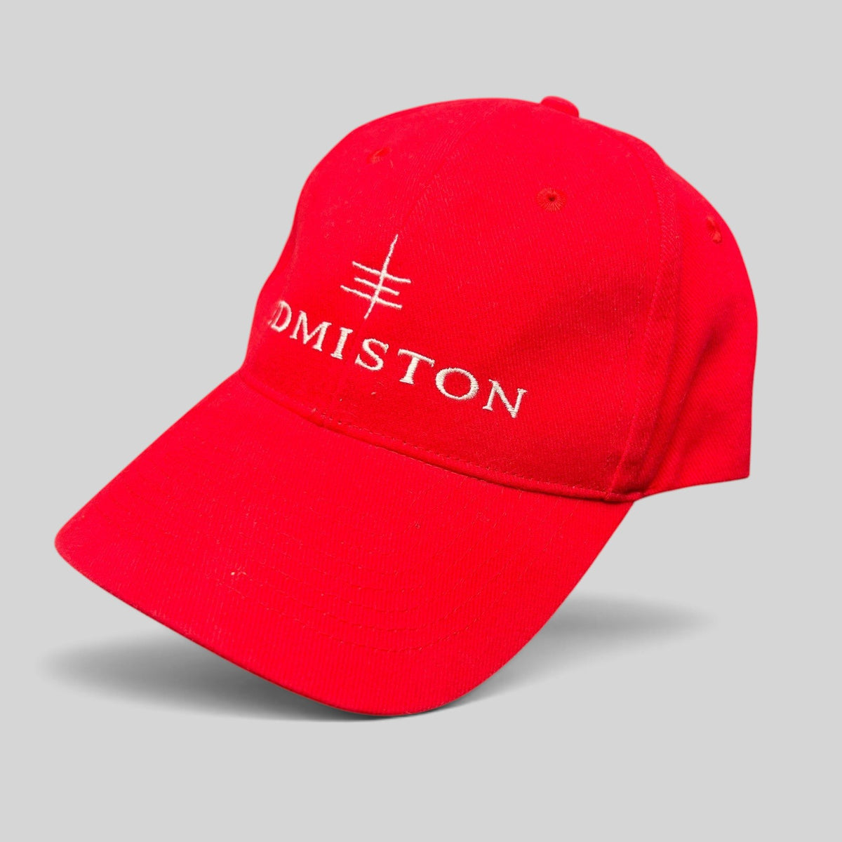 Raree Finds red Edmiston cotton snapback hat with white embroidered yachting logo and branding