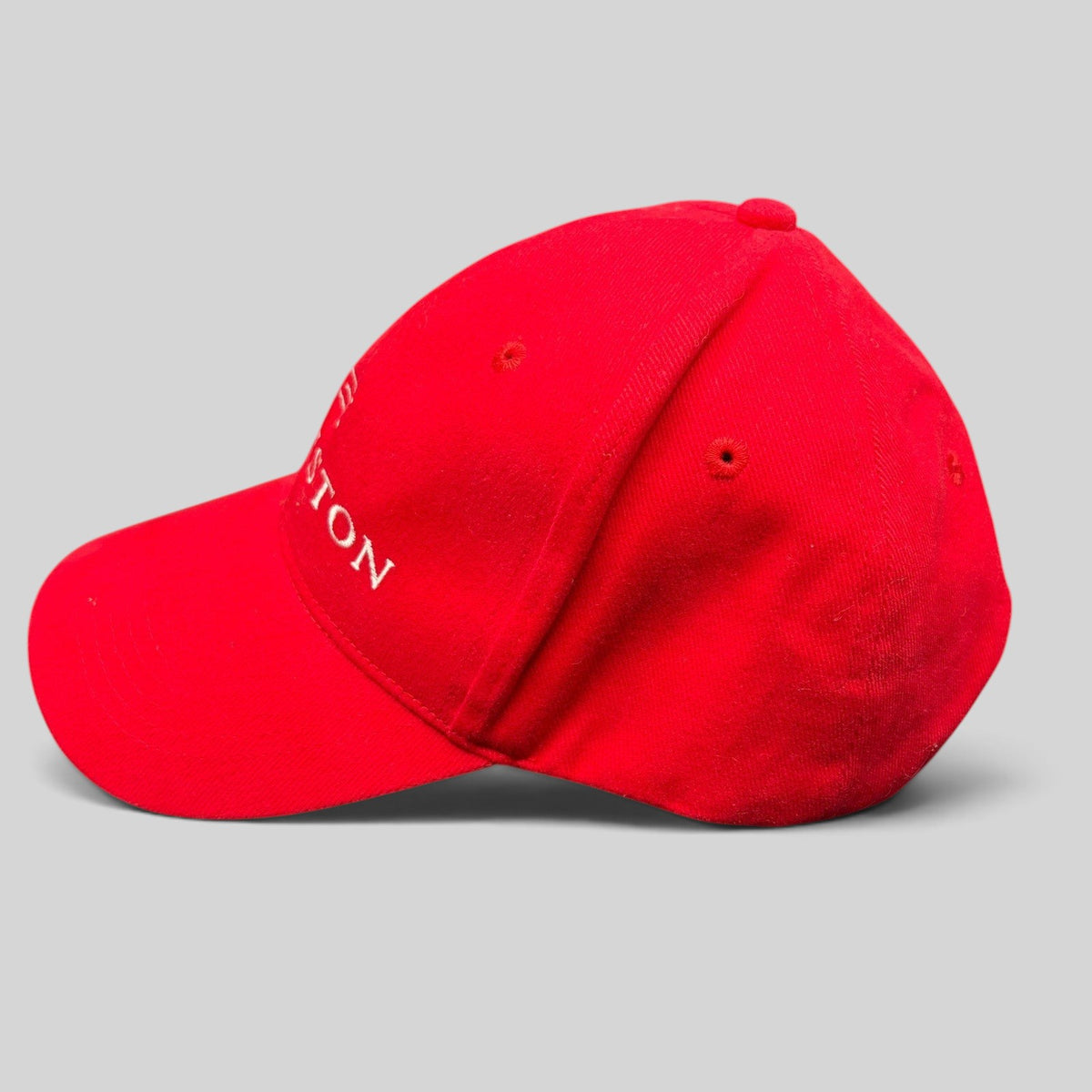 Raree Finds bright red Edmiston yachting snapback hat with white embroidered logo on a structured cotton crown