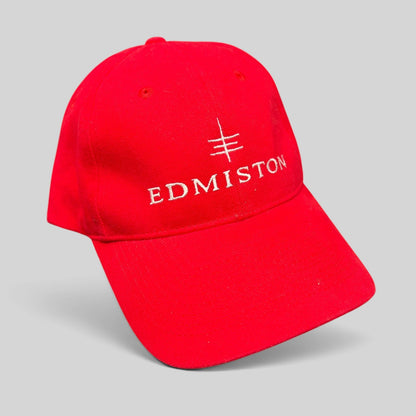 Raree Finds red cotton snapback hat featuring white Edmiston yachting logo embroidery on a structured crown