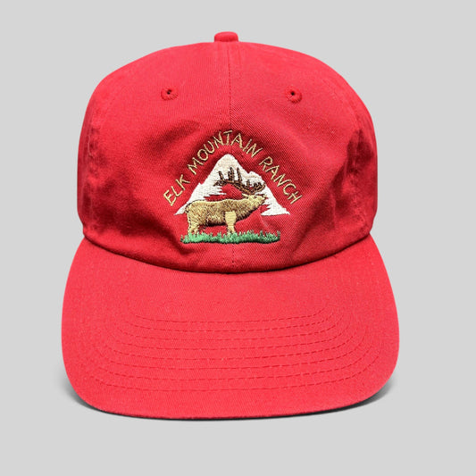 Raree Finds vintage red cotton dad cap with embroidered Elk Mountain Ranch bull elk and mountain graphic