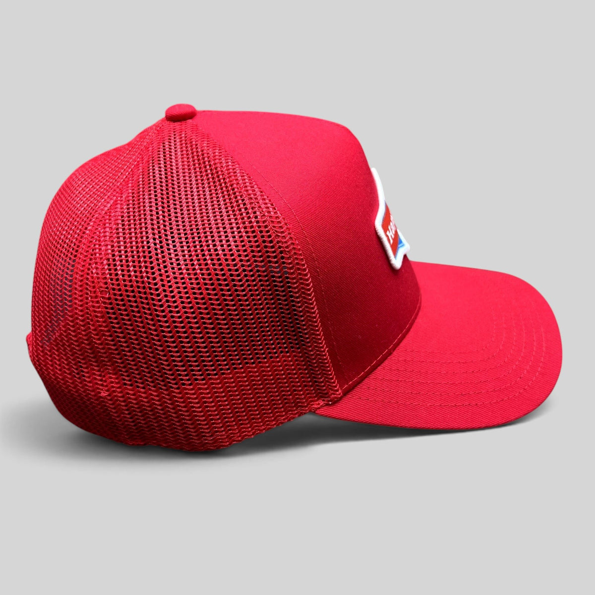 Raree Finds red Happy Dad Hard Seltzer trucker snapback hat with mesh back and embroidered logo patch