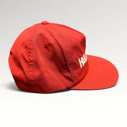 Raree Finds retro red Yupoong snapback hat with white HOLLYWOOD embroidery and a flat brim