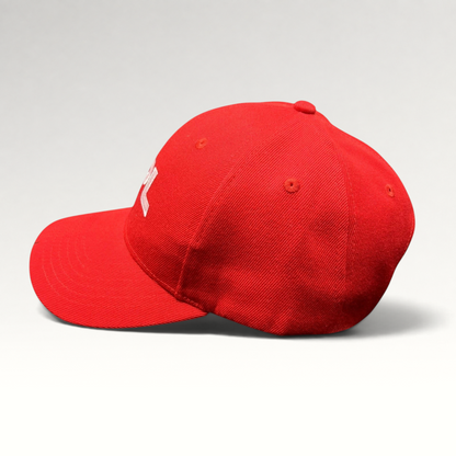 Raree Finds red JPL NASA snapback hat with white embroidered logo and space-themed illustrated underbrim