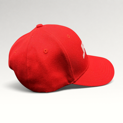 Raree Finds red JPL NASA snapback hat with white embroidered logo, side profile view of structured cap