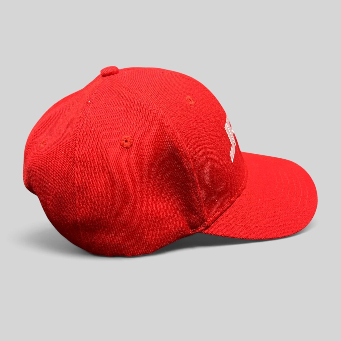 Raree Finds red JPL NASA snapback hat with white embroidered logo and structured crown against a grey background