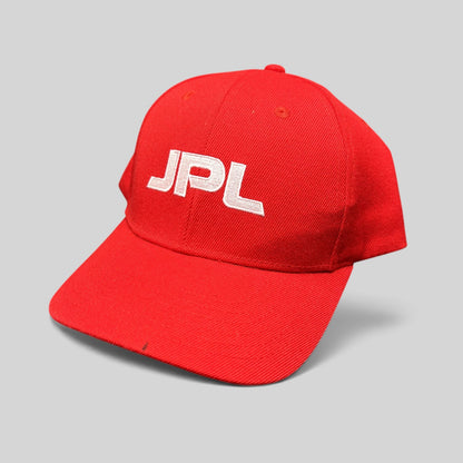Raree Finds red JPL NASA snapback hat with white embroidered lettering on a structured crown
