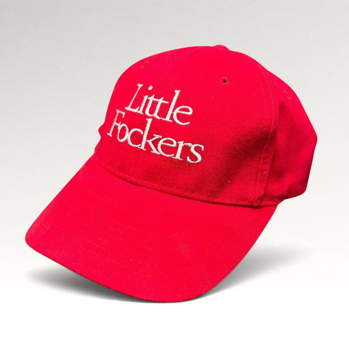 Raree Finds red Port & Company Little Fockers movie promo dad hat with white embroidered text and brass buckle