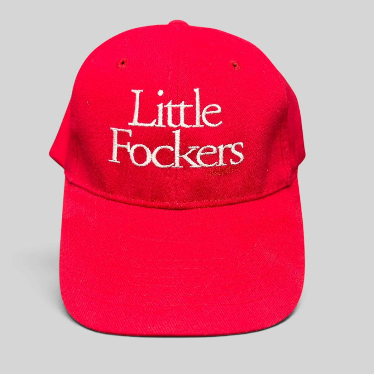 Raree Finds red Port & Company strapback hat with white Little Fockers movie embroidery and curved brim