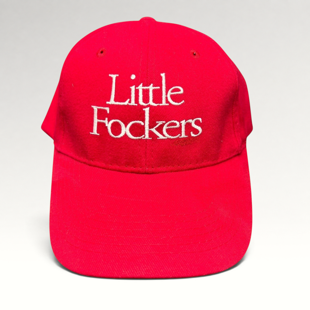 Raree Finds red Port & Company strapback hat with white Little Fockers movie embroidery and curved brim