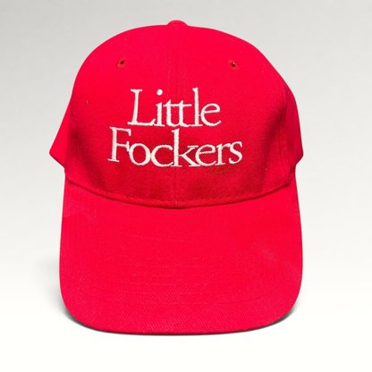 Raree Finds red Port & Company strapback hat with white Little Fockers movie embroidery and curved brim