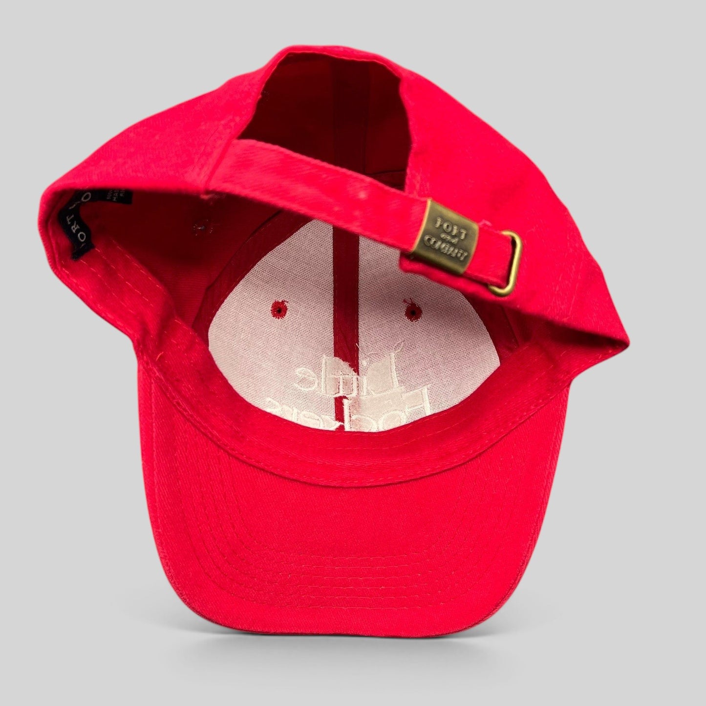 Raree Finds red Little Fockers promotional dad hat with white embroidery and brass adjustable strapback closure