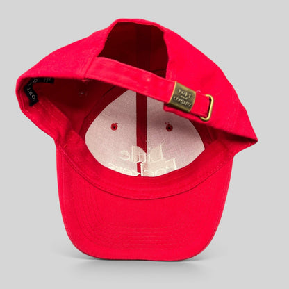 Raree Finds red Little Fockers promotional dad hat with white embroidery and brass adjustable strapback closure