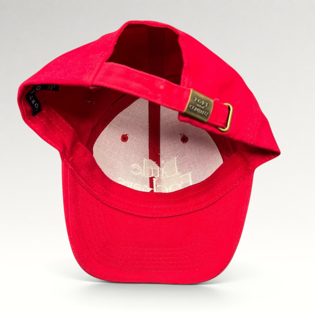 Raree Finds red Little Fockers promotional dad hat with white embroidery and brass adjustable strapback closure