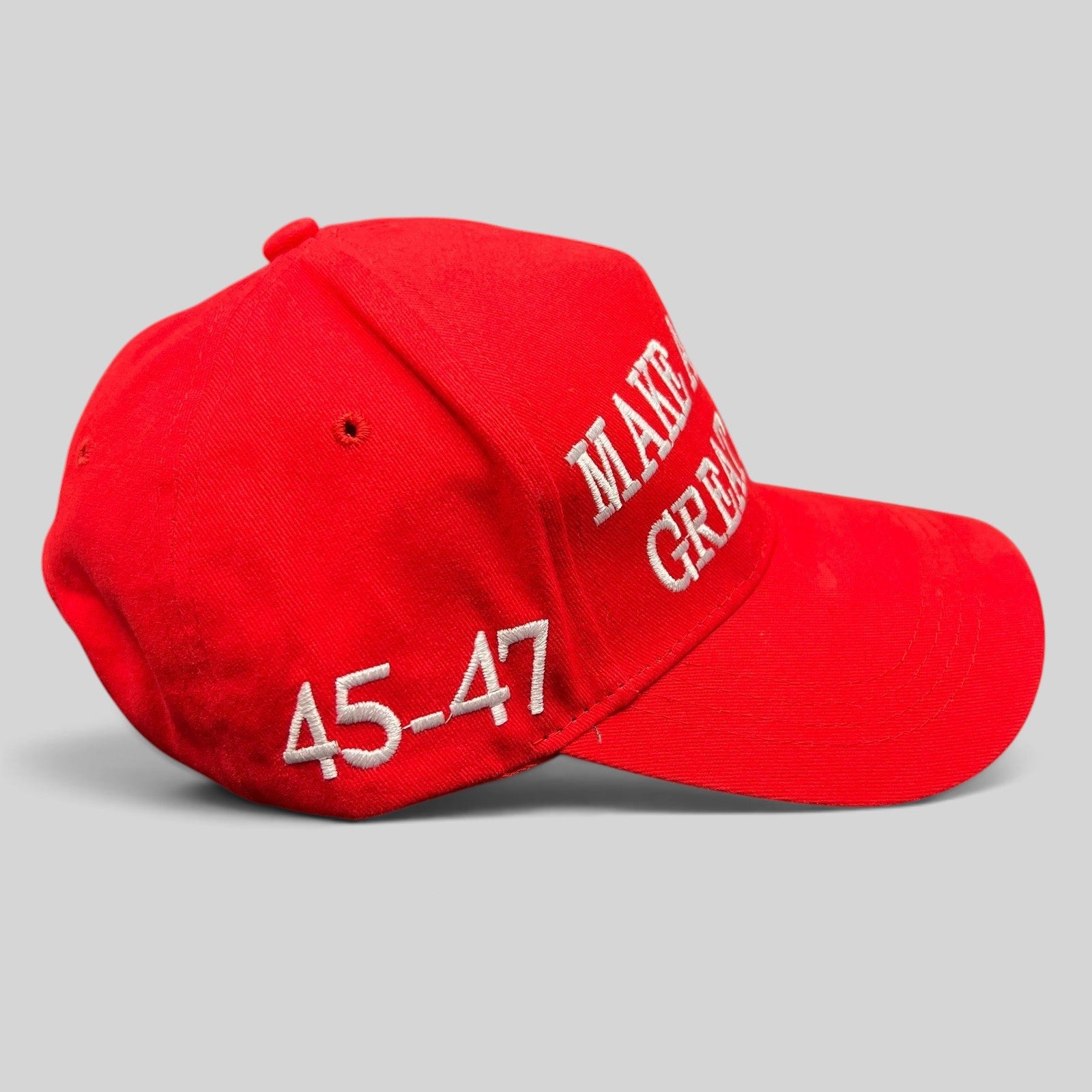 Raree Finds red Make America Great Again strapback hat with white 45-47 embroidery on a structured cotton crown.